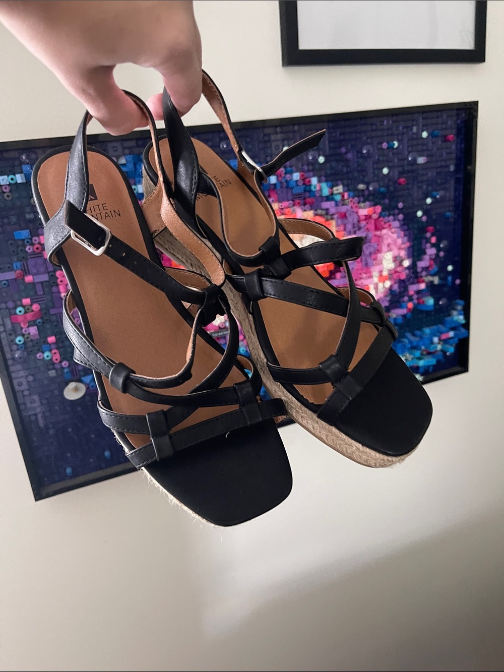 White Mountain Black Strappy Espadrille Wedge Sandals with Slingback